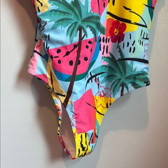 SHEIN Medium Fruit Print Blue Yellow One Piece Swimsuit Adjustable Straps - Picture 3 of 11